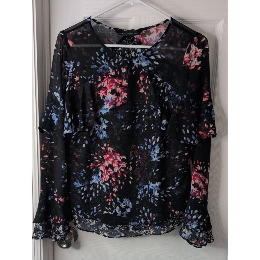 Black Floral Ruffle Blouse with Pink & Blue Accents Size 0